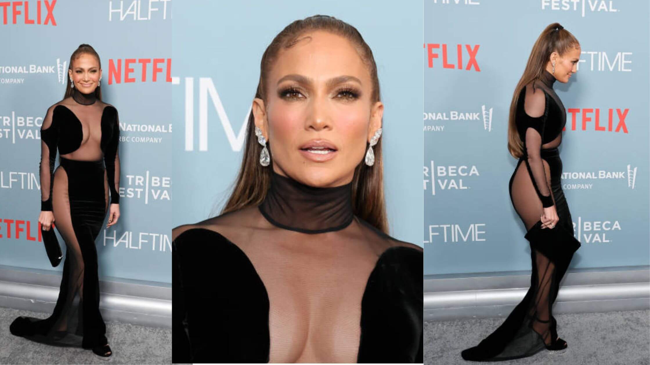 Jennifer Lopez  Appeared Halftime Premiere In Dazzling Black And Sheer Gown 